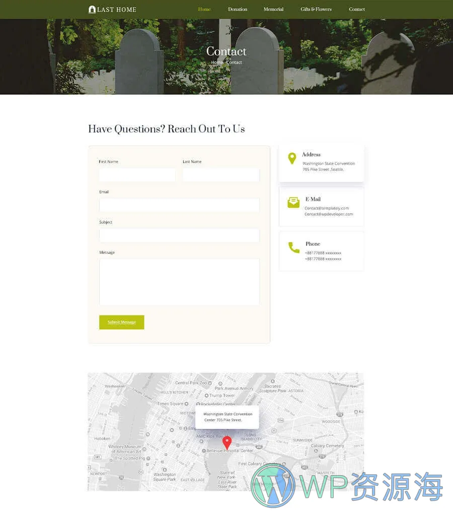 殡仪服务Elementor网站模板_一键导入快速建站插图7-WP资源海 Last Home Contact Page