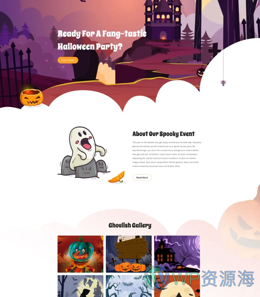 万圣节派对Gutenberg网站模板_一键导入快速建站插图2-WP资源海 Wickedly Landing Page For Gutenberg