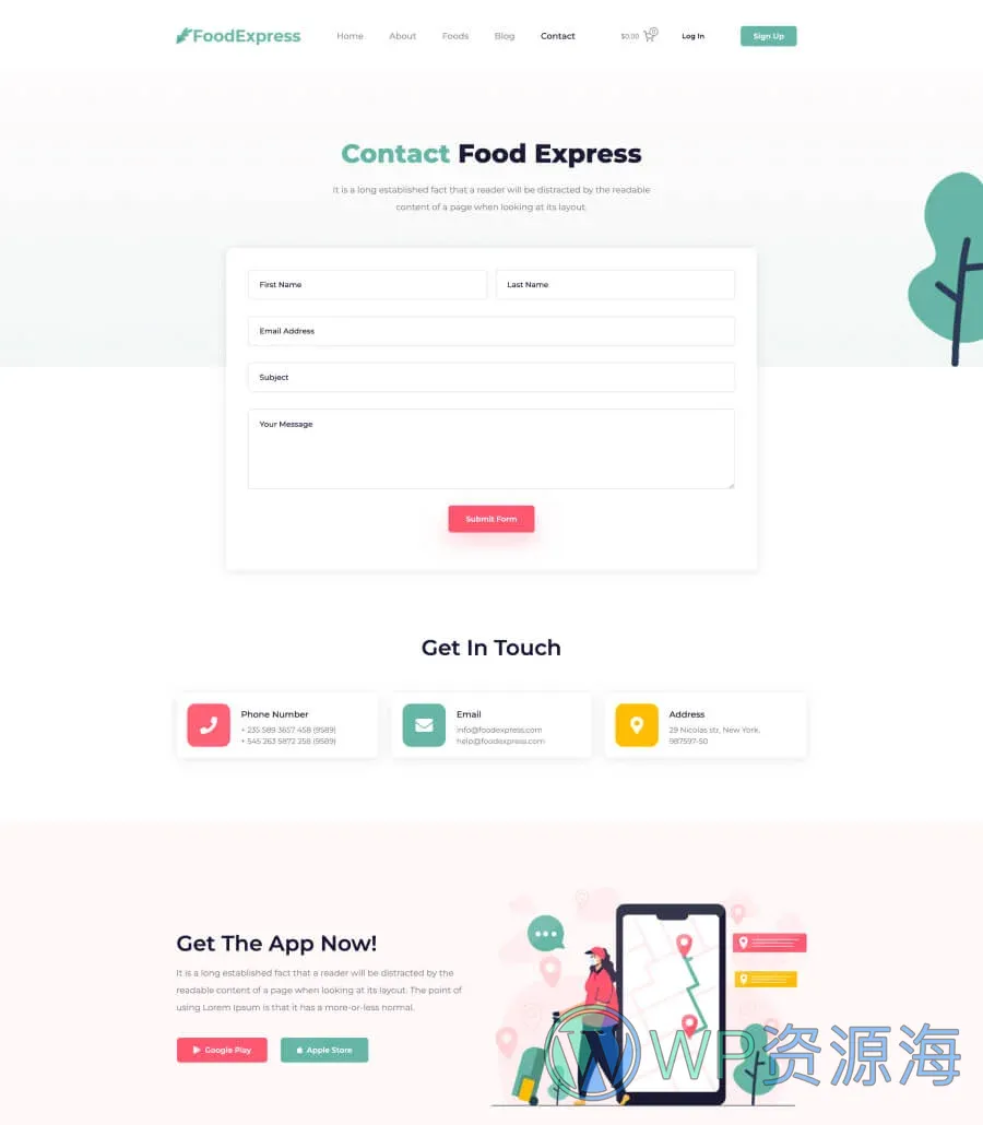 送餐Gutenberg网站模板_一键导入快速建站插图3-WP资源海 Food Express Contact Page For Gutenberg