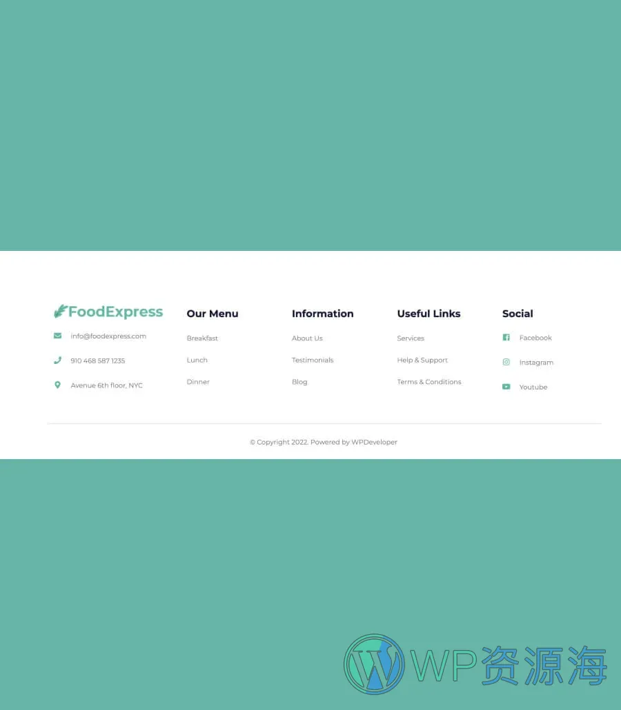 送餐Gutenberg网站模板_一键导入快速建站插图12-WP资源海 Food Express Footer Section For Gutenberg