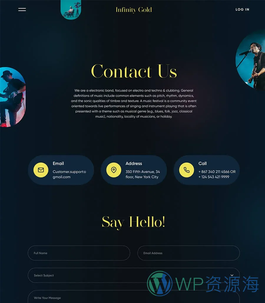 新年派对Elementor网站模板_一键导入快速建站插图3-WP资源海 Infinity Gold Contact Page