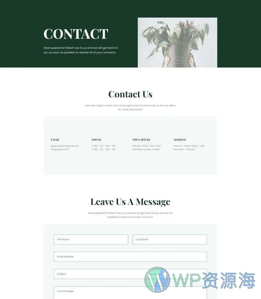 植物商店Gutenberg网站模板_一键导入快速建站插图3-WP资源海 Greenzone Contact Page For Gutenberg