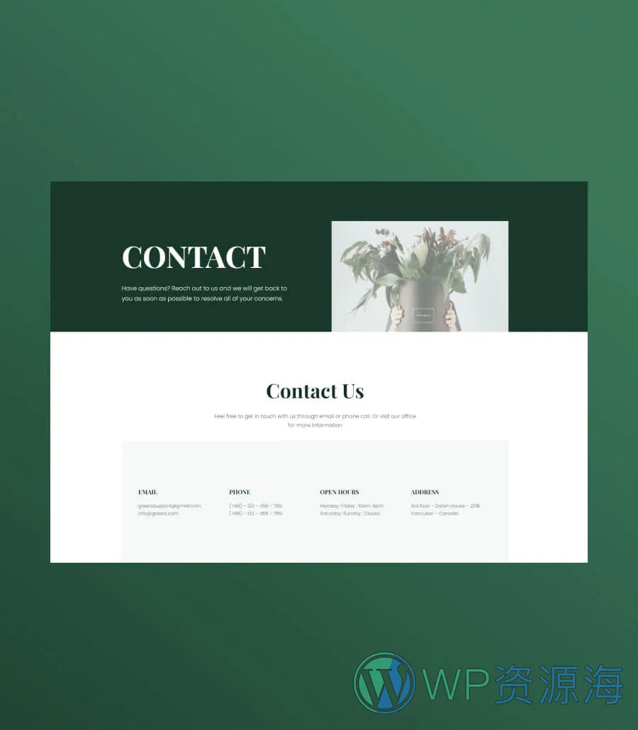 植物商店Gutenberg网站模板_一键导入快速建站插图6-WP资源海 Greenzone Contact Info Section For Gutenberg