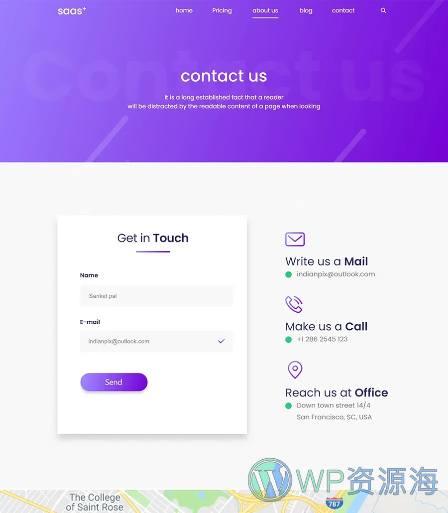 创业Elementor网站模板_一键导入快速建站插图4-WP资源海 SaaS Starter Contact Us Page