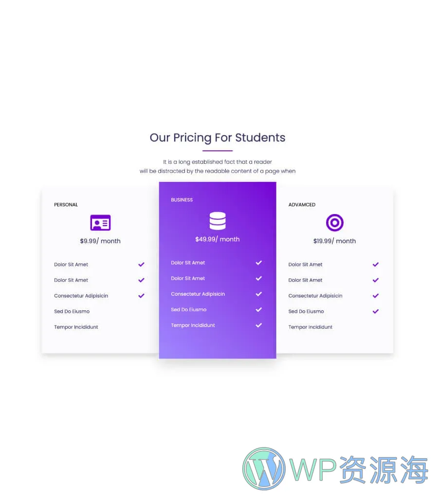 软件产品Gutenberg网站模板_一键导入快速建站插图8-WP资源海 SaaS Starter Student Pricing Section For Gutenberg
