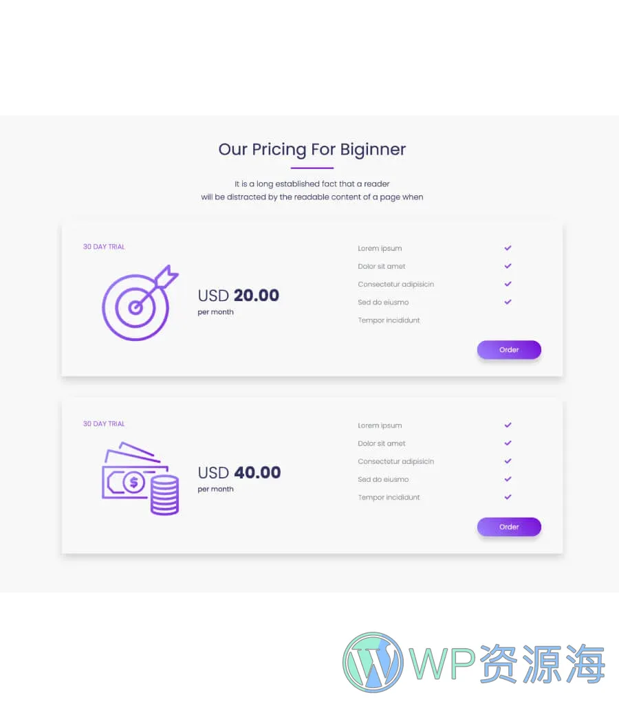 软件产品Gutenberg网站模板_一键导入快速建站插图9-WP资源海 SaaS Starter Beginner Pricing Section For Gutenberg