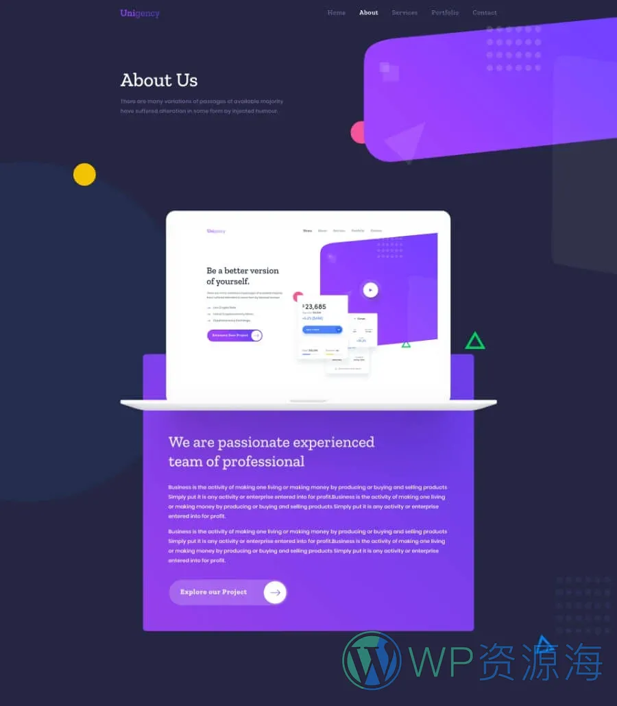 机构Elementor网站模板_一键导入快速建站插图6-WP资源海 Unigency Agency Template About Dark