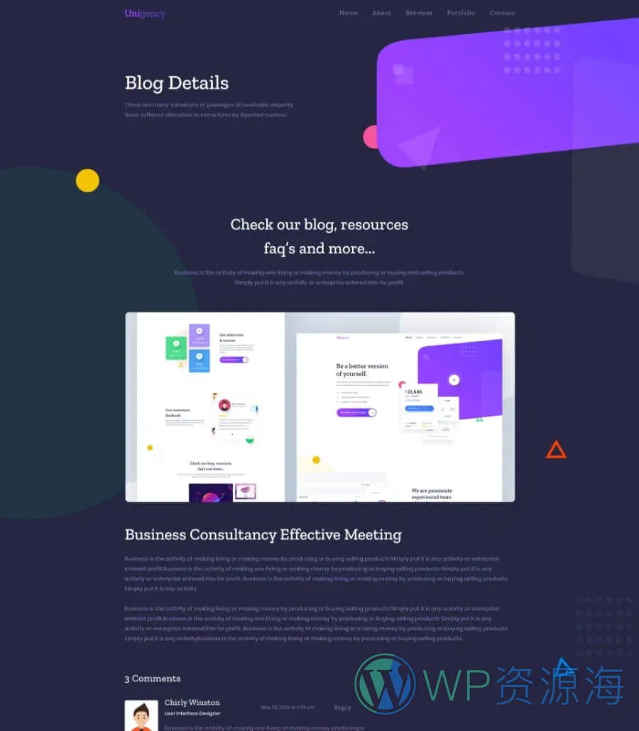 机构Elementor网站模板_一键导入快速建站插图10-WP资源海 Unigency Agency Template Blog Details Dark
