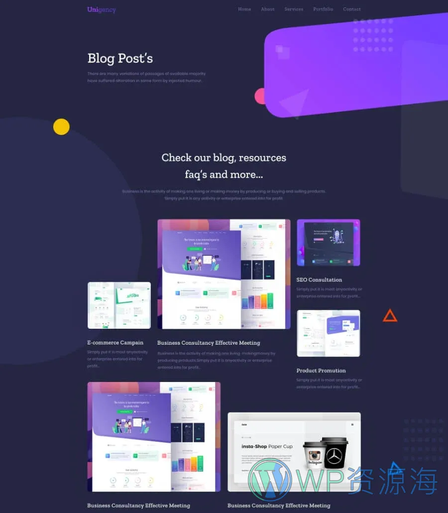 机构Elementor网站模板_一键导入快速建站插图8-WP资源海 Unigency Agency Template Blog Dark