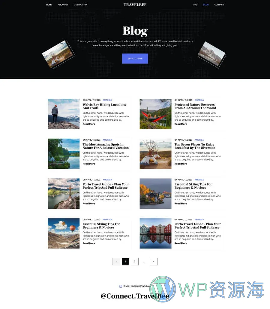 旅行博客Gutenberg网站模板_一键导入快速建站插图4-WP资源海 TravelBee Blog Page For Gutenberg
