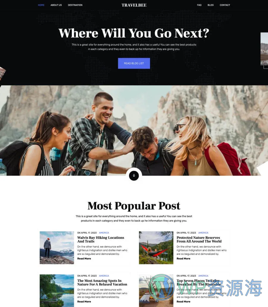 旅行博客Gutenberg网站模板_一键导入快速建站插图1-WP资源海 TravelBee Landing Page For Gutenberg