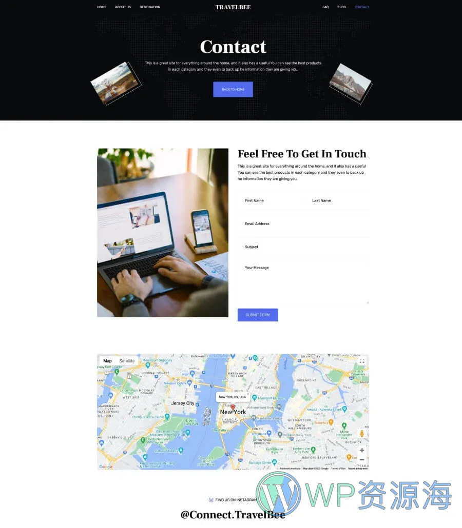 旅行博客Gutenberg网站模板_一键导入快速建站插图3-WP资源海 TravelBee Contact Us Page For Gutenberg