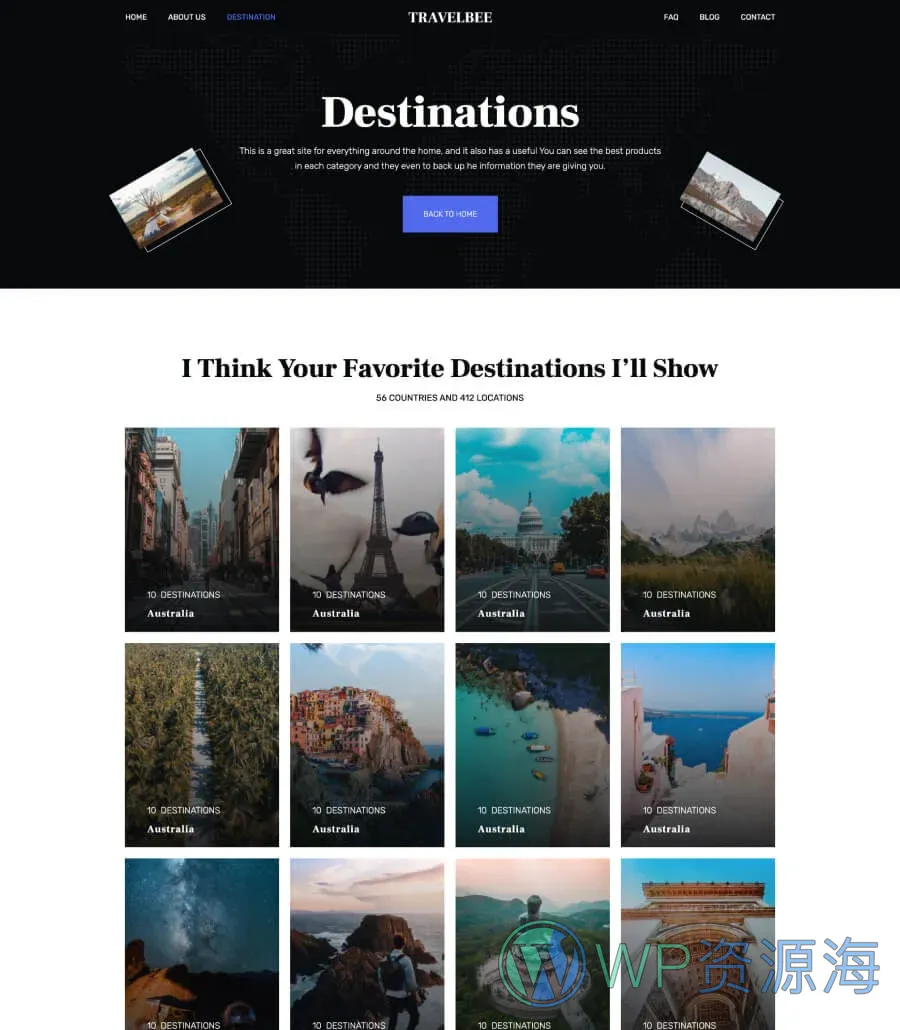 旅行博客Gutenberg网站模板_一键导入快速建站插图5-WP资源海 TravelBee Destination Page For Gutenberg