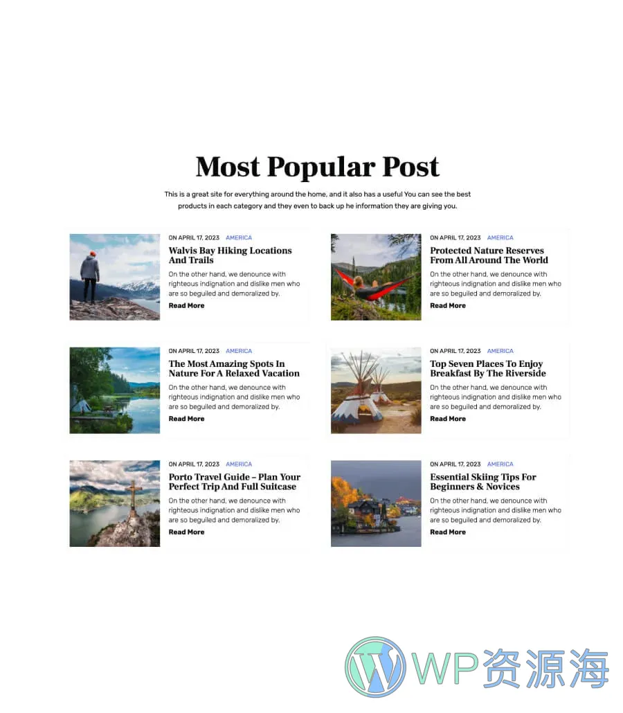 旅行博客Gutenberg网站模板_一键导入快速建站插图8-WP资源海 TravelBee Most Popular Post Section For Gutenberg