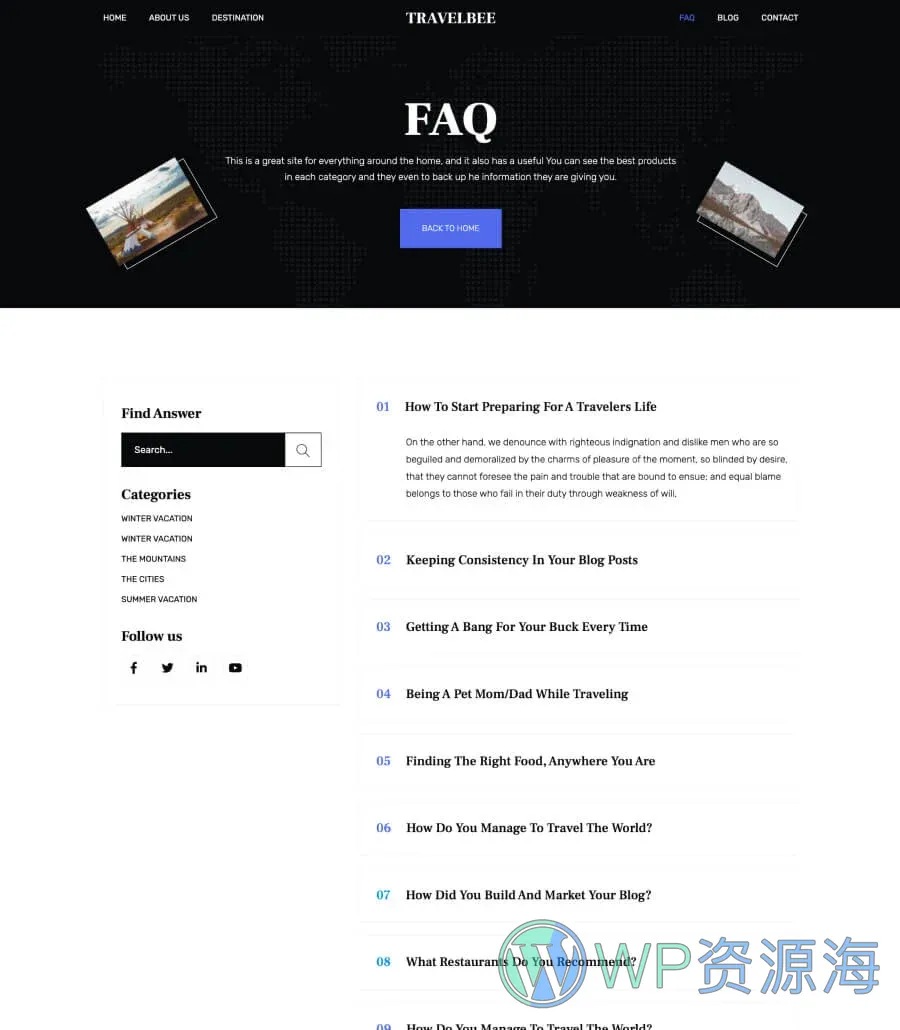 旅行博客Gutenberg网站模板_一键导入快速建站插图6-WP资源海 TravelBee FAQ Page For Gutenberg