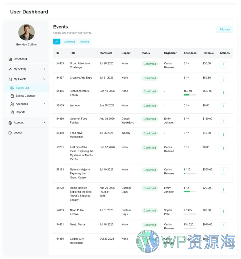 Modern Events Calendar (MEC) User Dashboard 活动管理面板 WordPress 插件插图4-WP资源海 MEC user dashboard screenshot 5