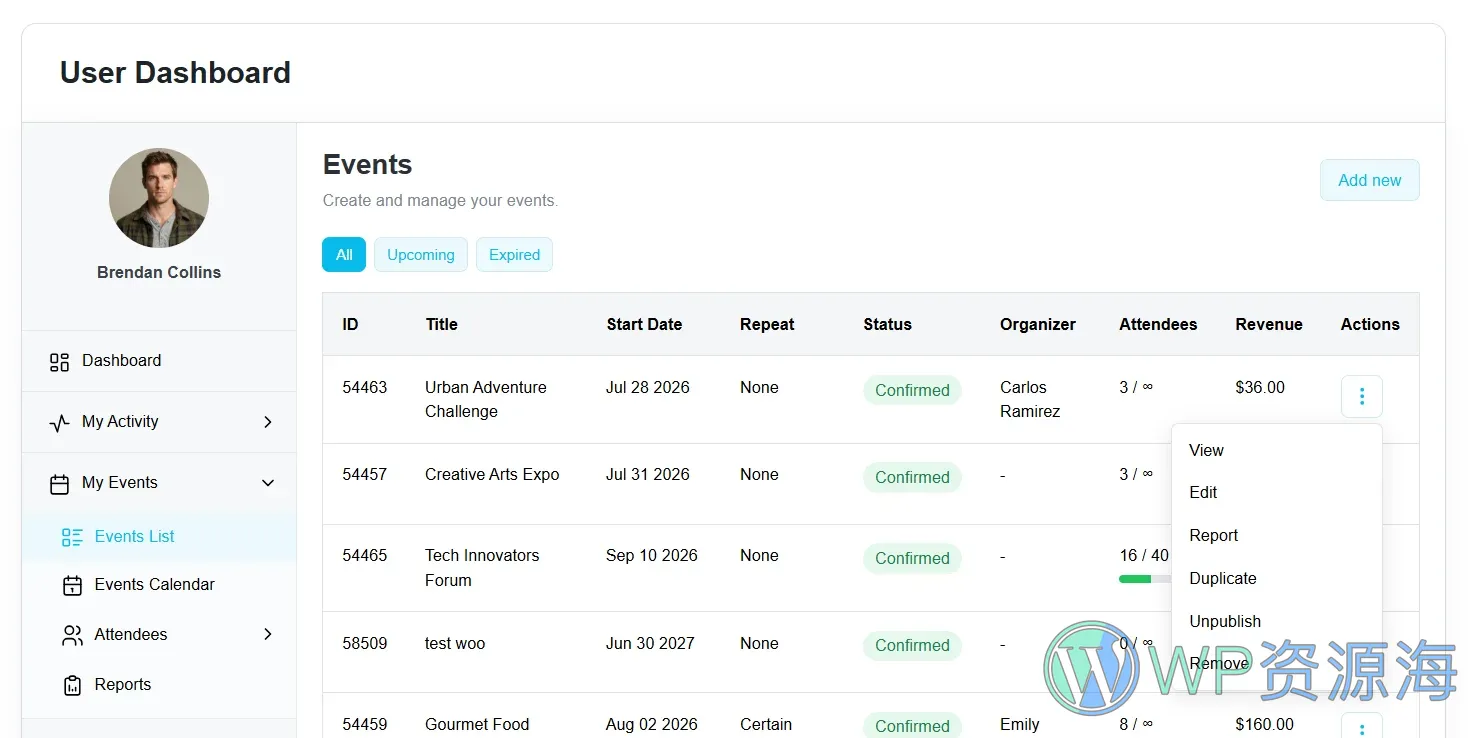 Modern Events Calendar (MEC) User Dashboard 活动管理面板 WordPress 插件插图5-WP资源海 MEC user dashboard screenshot 6