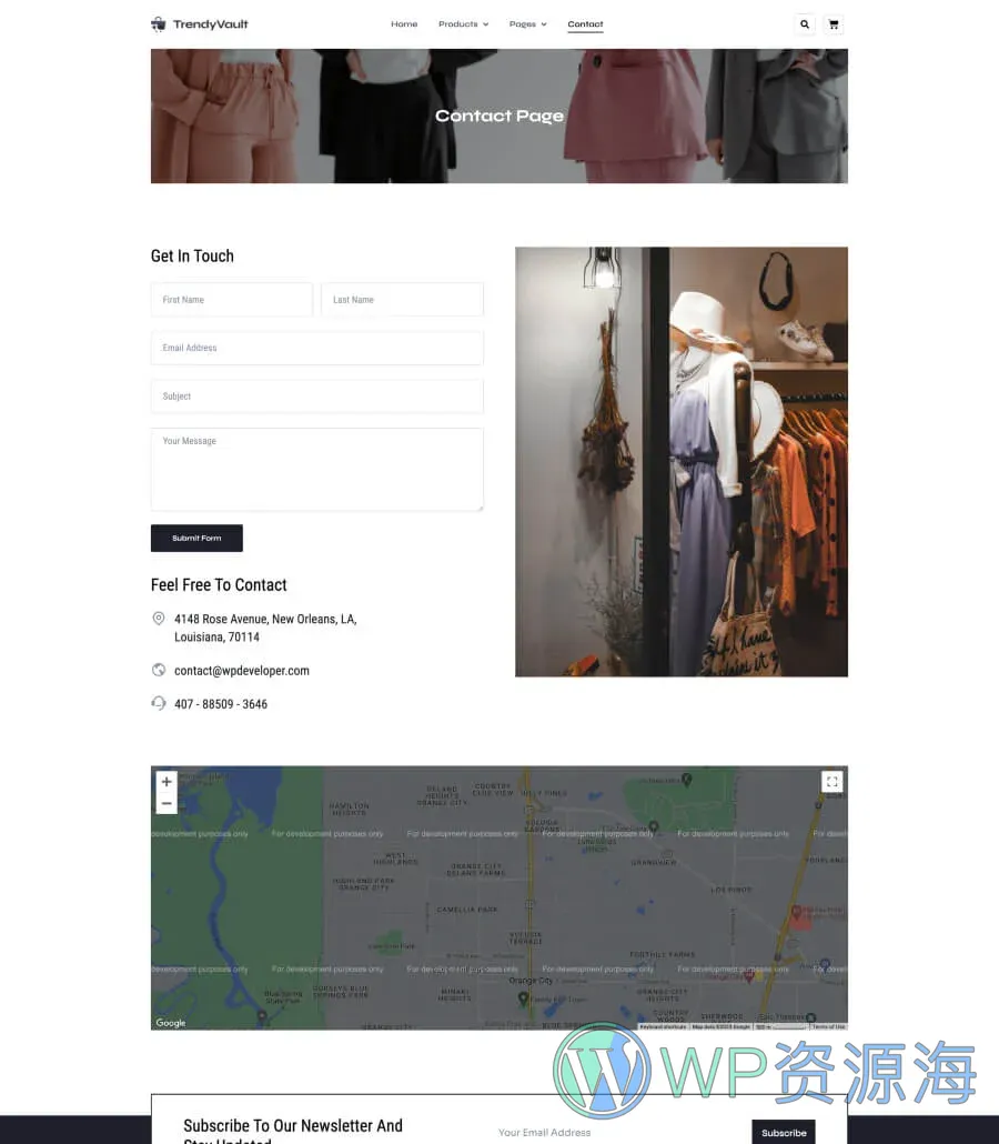 时尚商城Gutenberg网站模板_一键导入快速建站插图3-WP资源海 TrendyVault Contact Page For Gutenberg